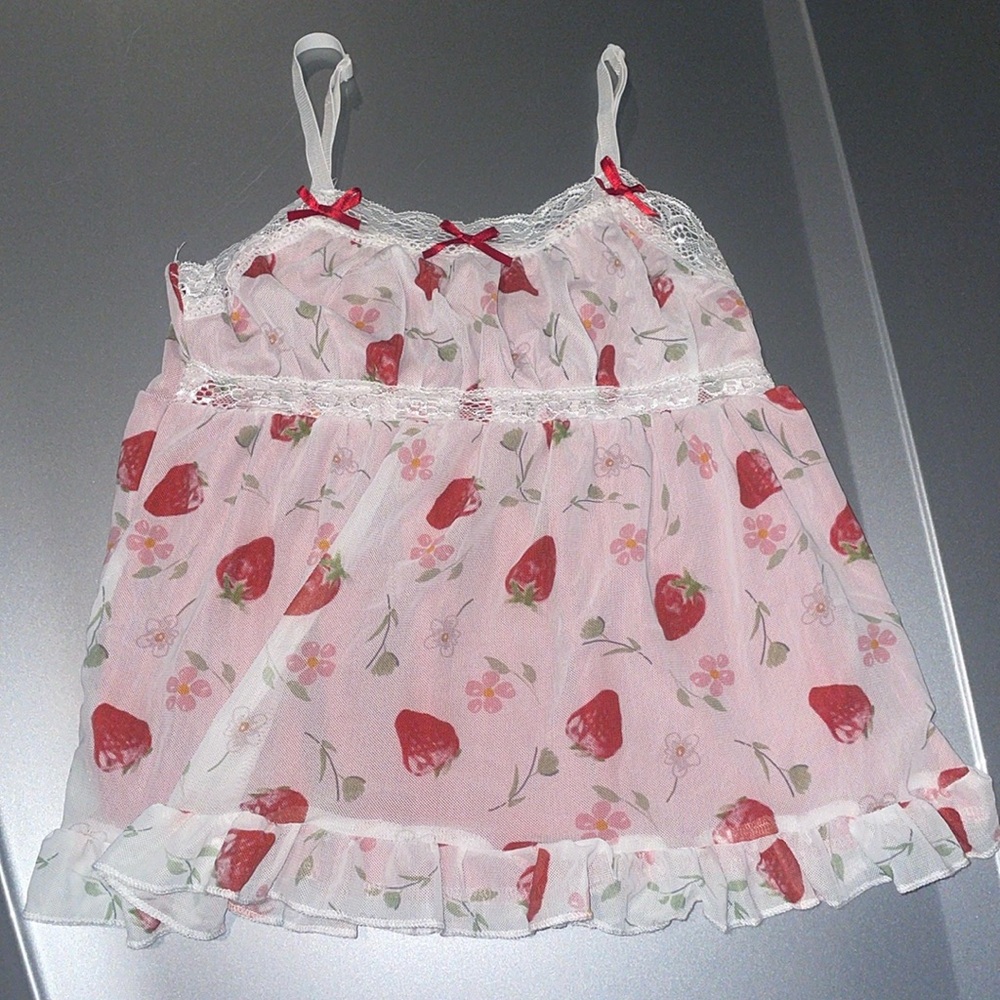 Strawberry Print Babydoll Top Womens Size XS tank adjustable umpire Summer Boho